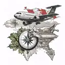 airplane flying in Canada with a compass pointing at important family dates, Canadian flag somewhere tattoo design idea