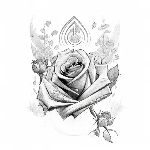 A sketch-style design featuring hood elements like roses and a hustler quote tattoo design idea