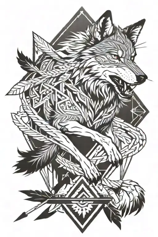 wolf running down Native American arrow intertwined tattoo design idea
