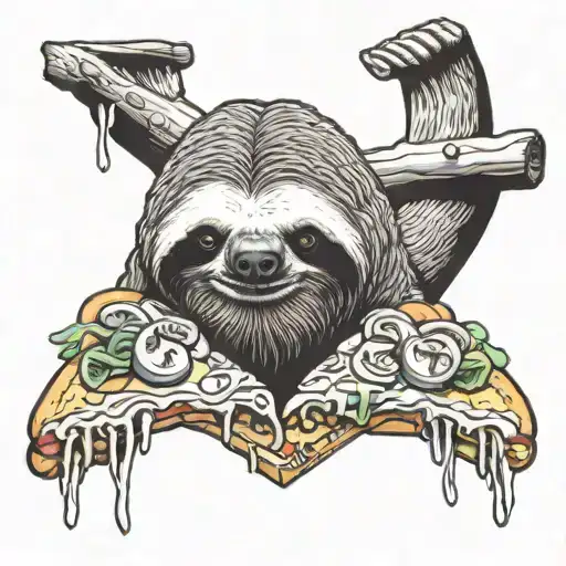 Sloth eating pizza with mushrooms and onions tattoo design idea