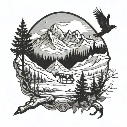 mountains and hunting scene tattoo design idea