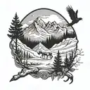 mountains and hunting scene tattoo design idea
