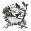 mountains and hunting scene tattoo design idea