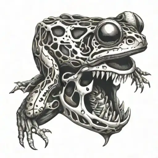 A biomechanical frog emerging from a skull tattoo design idea