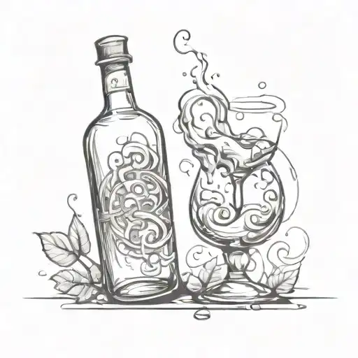 A sketch-style tattoo of a bottle and glass of alcohol with swirling smoke tattoo design idea