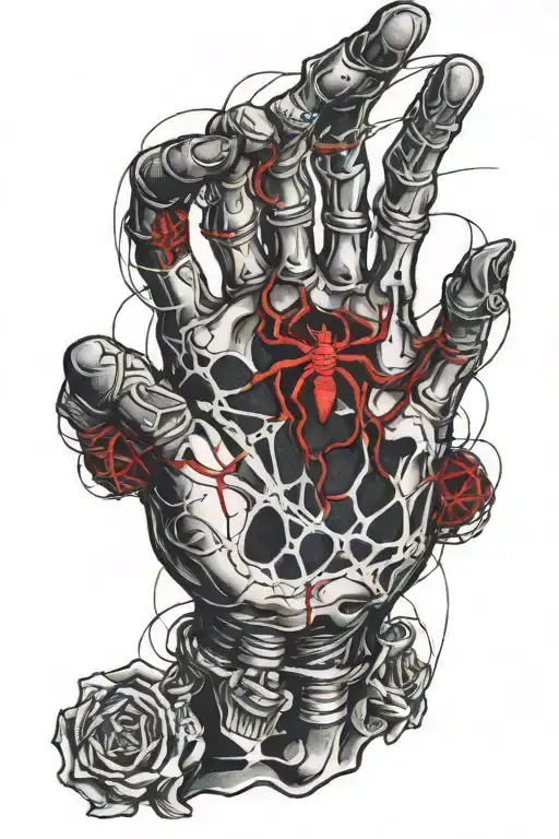 Hand skeleton colored in with red accent and spider webs in between the fingers  tattoo design idea