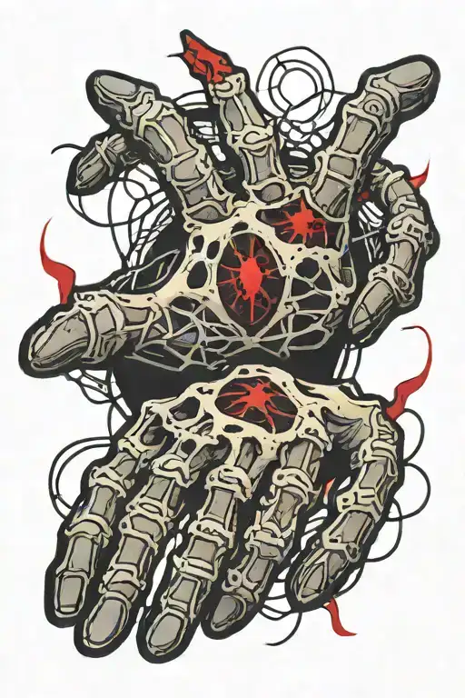 Hand skeleton colored in with red accent and spider webs in between the fingers  tattoo design idea