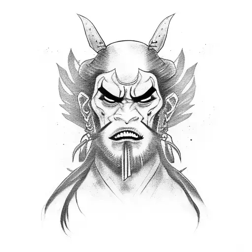 A hauntingly beautiful portrait of a samurai oni tattoo design idea