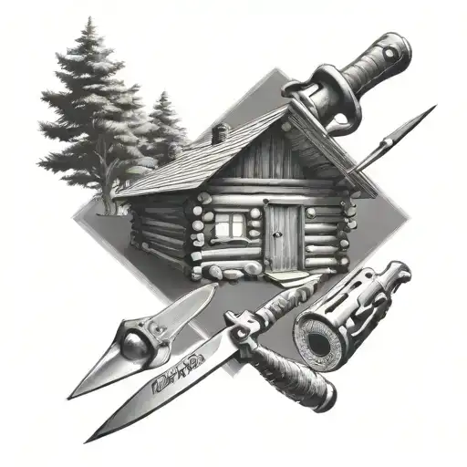 A black and grey tattoo of a log cabin with scissors and knives sharpening tools tattoo design idea
