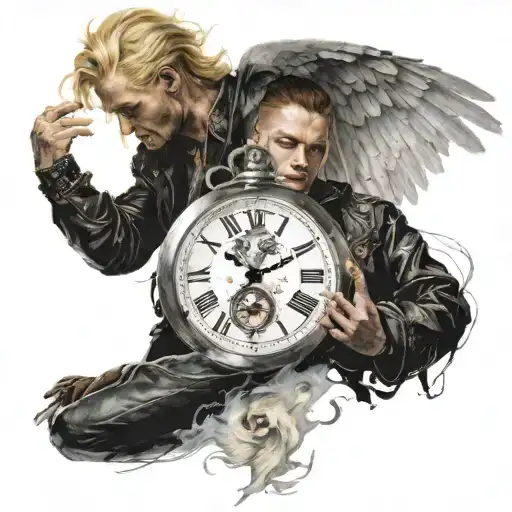 man with blonde hair and leather jacket, lady with auburn hair, golden pocket watch, angel wings, demons, white light tattoo design idea