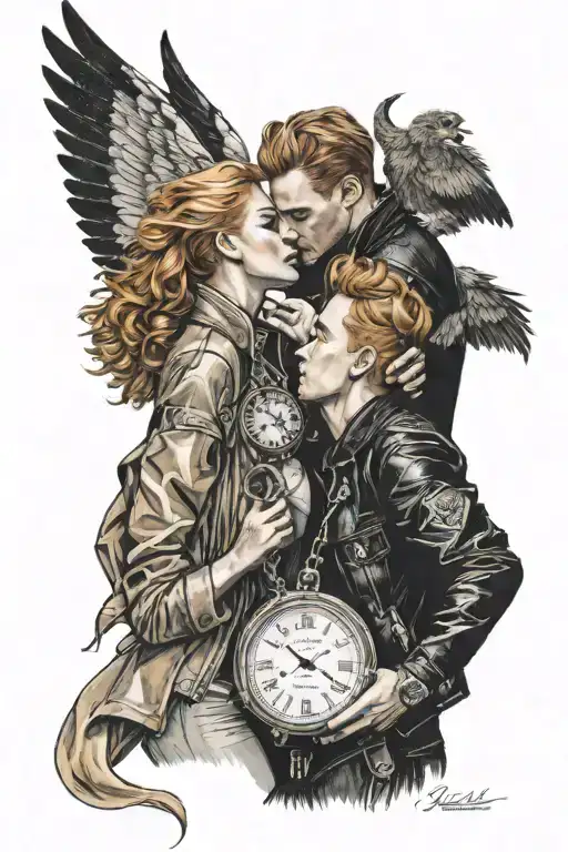 blonde man with leather jacket is kissing a beautiful woman with red hair. golden pocket watch, angel wings, light, hell tattoo design idea