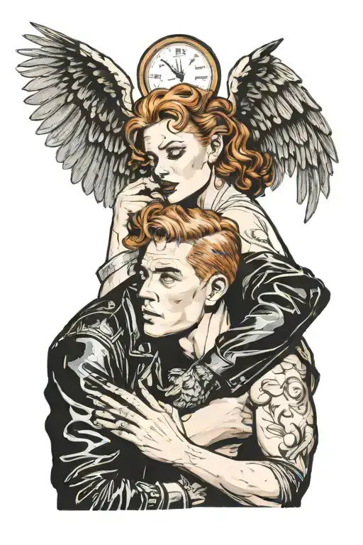 blonde man with leather jacket kissing a red haired woman. golden pocket watch, angel wings, light, hell tattoo design idea
