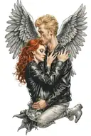a blonde man with leather jacket is kissing a beautiful woman with red hair they have angel wings tattoo design idea