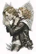 a blonde man with leather jacket is kissing a beautiful woman with red hair they have angel wings tattoo design idea