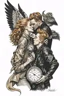 blonde man with leather jacket is kissing a beautiful woman with red hair. golden pocket watch, angel wings, light, hell tattoo design idea