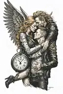 blonde man with leather jacket is kissing a beautiful woman with red hair. golden pocket watch, angel wings, light, hell tattoo design idea
