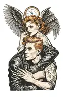 blonde man with leather jacket kissing a red haired woman. golden pocket watch, angel wings, light, hell tattoo design idea