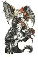 blonde man with leather jacket kissing a red haired woman. golden pocket watch, angel wings, light, hell tattoo design idea