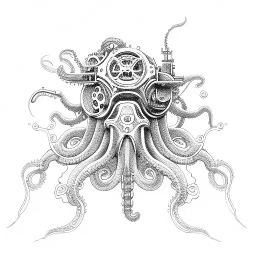 A mechanical squid with intricate circuitry tentacles tattoo design idea