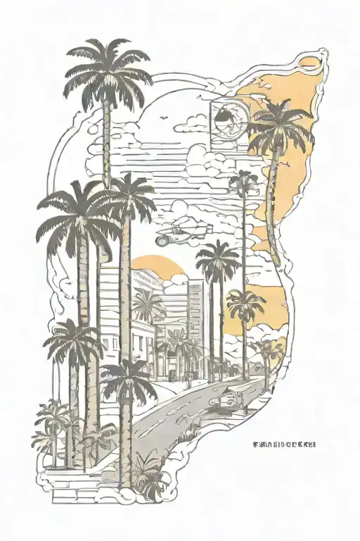  make a sleeve about san diego with palm trees, a sunset, cross streets: Madison and 2nd street, and 619 incorporated  tattoo design idea