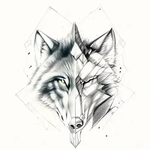 half wolf skull and half demon skull facing away from each other tattoo design idea