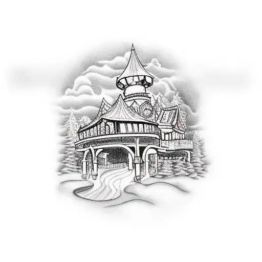 A new-school style tattoo of an amusement park with roller coasters and a haunted house tattoo design idea