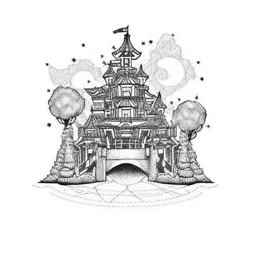A new-school style tattoo of an amusement park with roller coasters and a haunted house tattoo design idea