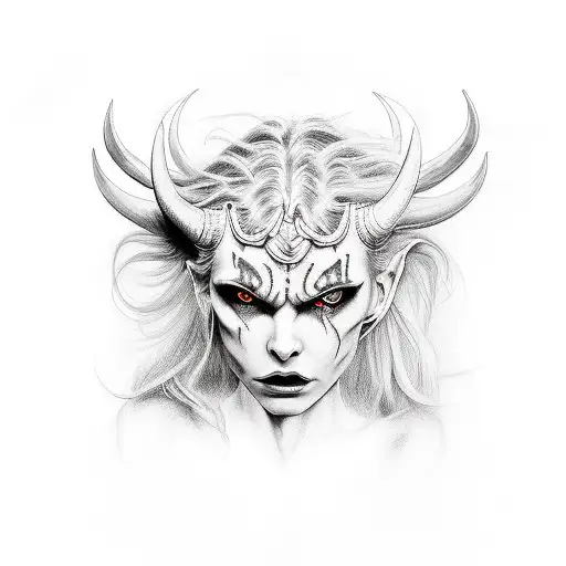 Women, demon, devil, pentogramm, horns, slut, horny, half body, black&white,  tattoo design idea