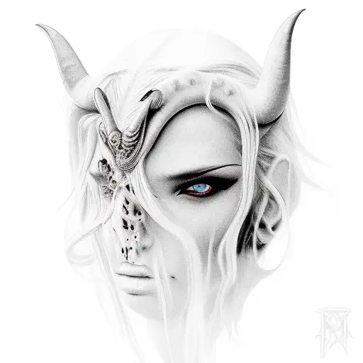 Women, demon, devil, pentogramm, horns, slut, horny, long hair, black&white,  tattoo design idea