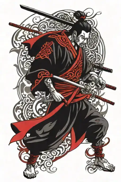 Full Japanese Samurai Looki g out of the Tatto. A fitting theme in the Background. Colours are Black, schafows and red tattoo design idea