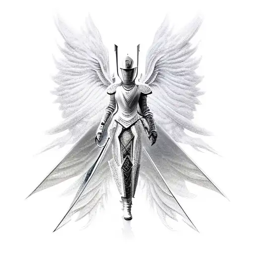 A warrior in white futuristic armor stands with a sword and dagger in a flield of angel feathers that extends to the hor tattoo design idea