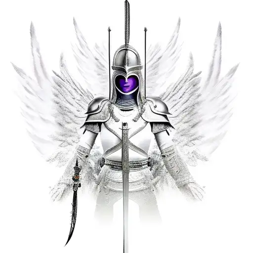 A warrior in white futuristic armor stands with a sword and dagger in a flield of angel feathers that extends to the hor tattoo design idea