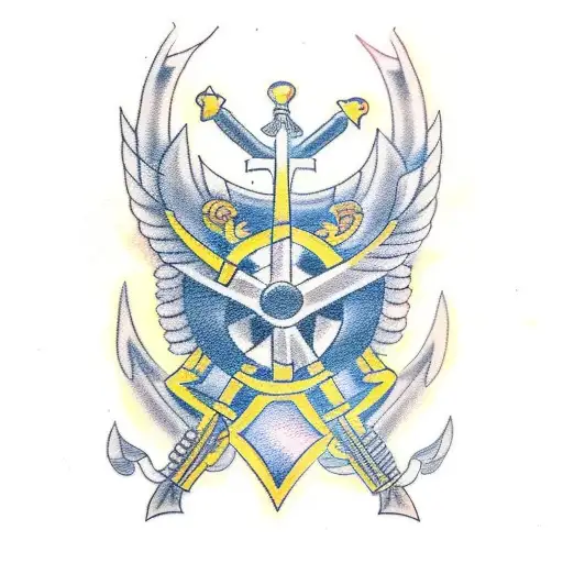 A traditional tattoo design featuring crossed swords and a shield, representing the client's dedication to the military and their love for weaponry. tattoo design idea