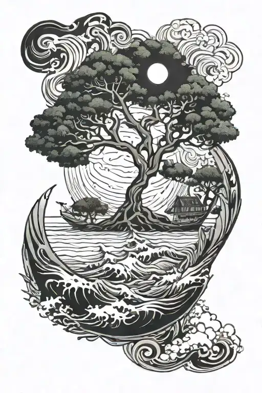 Generate a tattoo of the tree of life being hit by crashing waves, an earthquake, a tornado and a solar eclipse tattoo design idea