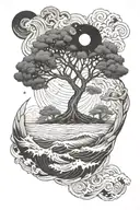 Generate a tattoo of the tree of life being hit by crashing waves, an earthquake, a tornado and a solar eclipse tattoo design idea