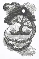 Generate a tattoo of the tree of life being hit by crashing waves, an earthquake, a tornado and a solar eclipse tattoo design idea