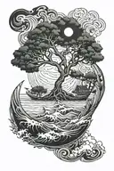 Generate a tattoo of the tree of life being hit by crashing waves, an earthquake, a tornado and a solar eclipse tattoo design idea