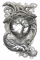 Generate a tattoo of the tree of life being hit by crashing waves, an earthquake, a tornado and a solar eclipse tattoo design idea
