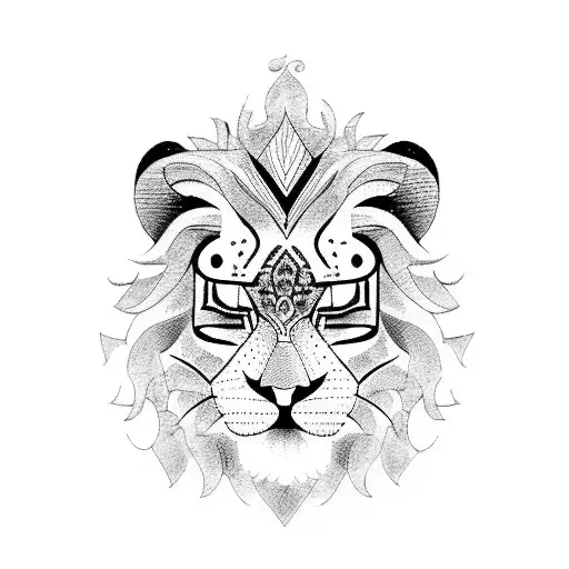 A fierce half lion half tiger in a blackwork style tattoo design idea