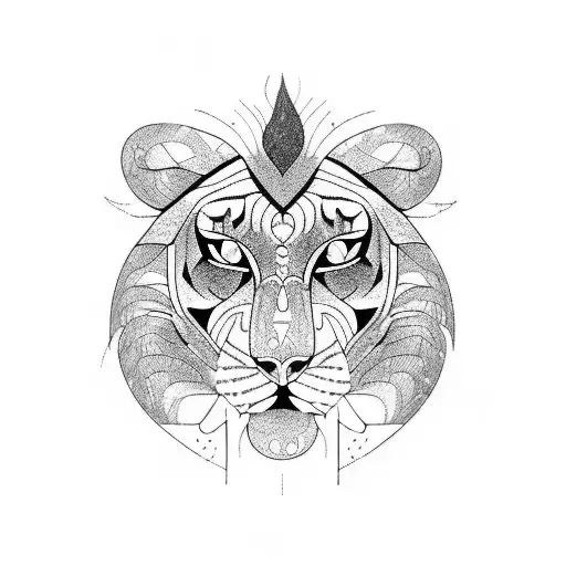 A realistic half lion half tiger in a blackwork style tattoo design idea