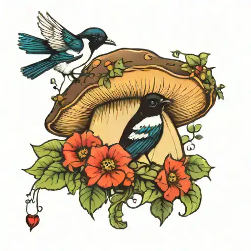 mushroom, magpie, ivy, kid, love, separation tattoo design idea