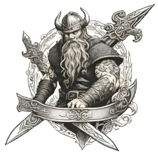 A Viking warrior wielding a viking dagger in front of a viking boat tattoo design idea