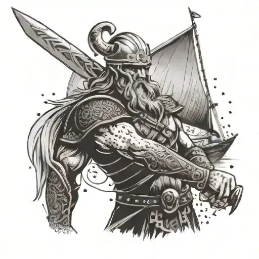 A Viking warrior wielding a viking dagger in front of a viking boat tattoo design idea