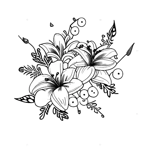 lily with quill with gardenia with pearls  tattoo design idea