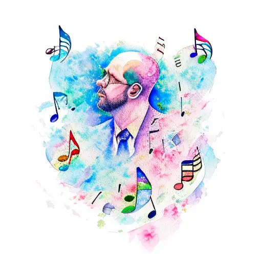 An artistic representation of a music sheet with watercolor splashes and musical notes tattoo design idea
