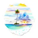A beach landscape with palm trees, waves, and a colorful sunset painted in aquarela style tattoo design idea