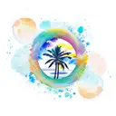 A beach landscape with palm trees, waves, and a colorful sunset painted in aquarela style tattoo design idea