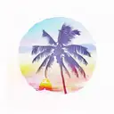 A beach landscape with palm trees, waves, and a colorful sunset painted in aquarela style tattoo design idea