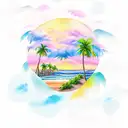 A beach landscape with palm trees, waves, and a colorful sunset painted in aquarela style tattoo design idea