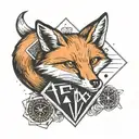 Small minimal fox sitting on a square background, accented by calligraphy brush strokes, with 4 large Aces playing cards tattoo design idea